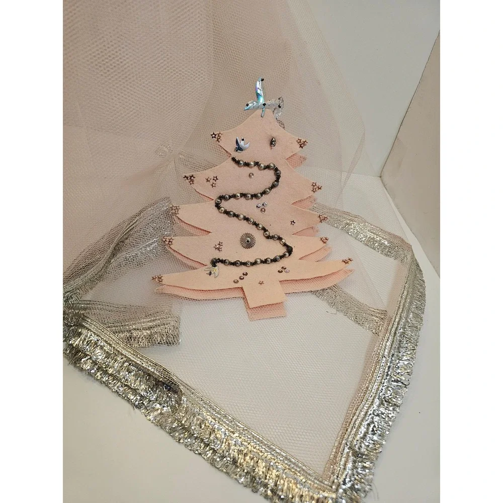 Vintage pink‎ Handmade Beaded Tulle Christmas Tree Tablecloth with Tinsel Fringe